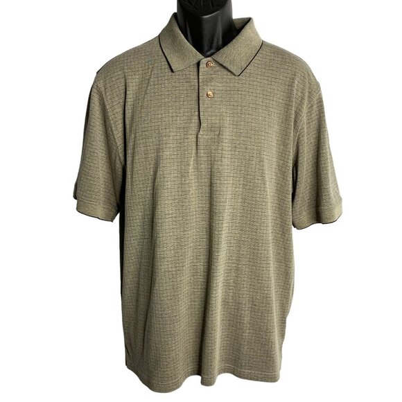 David Taylor Short Sleeve Polo Shirt L Black Tan Check Two Button Collar Golf - Picture 1 of 6